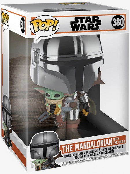 Pop! Star Wars: The Mandalorian Vinyl Bobble-Head 10" The Mandalorian with The Child (Chrome) #380